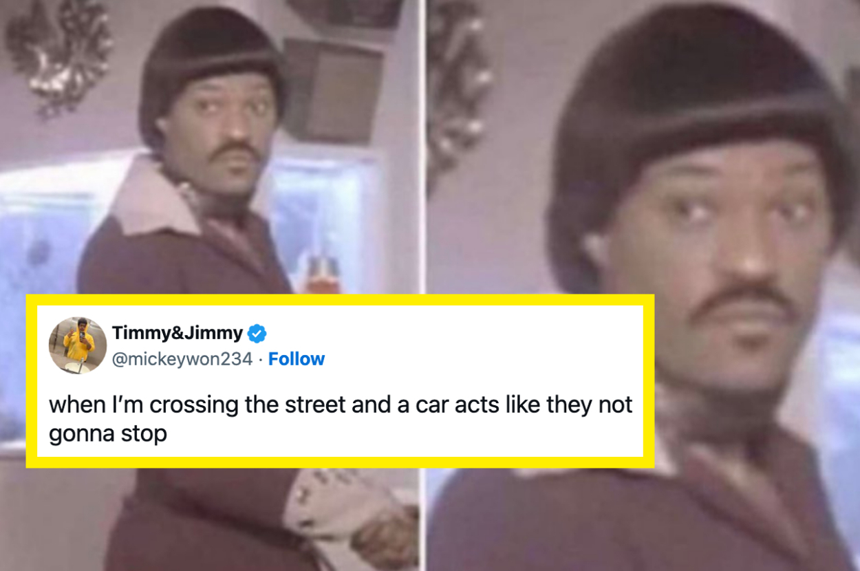 A tweet from Timmy&Jimmy (@mickeywon234) features a meme of a man with a serious expression, captioned, "when I'm crossing the street and a car acts like they not gonna stop."