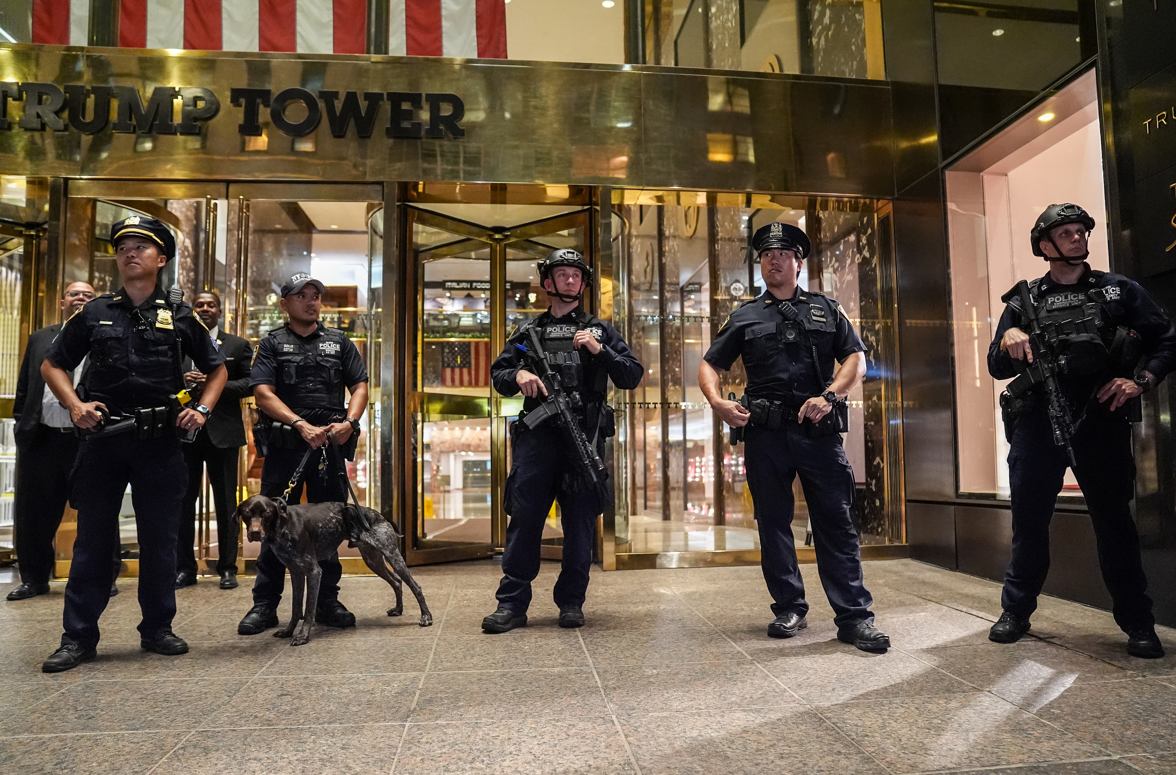 Five police officers and a police dog stand outside Trump Tower, New York City, equipped with tactical gear and firearms