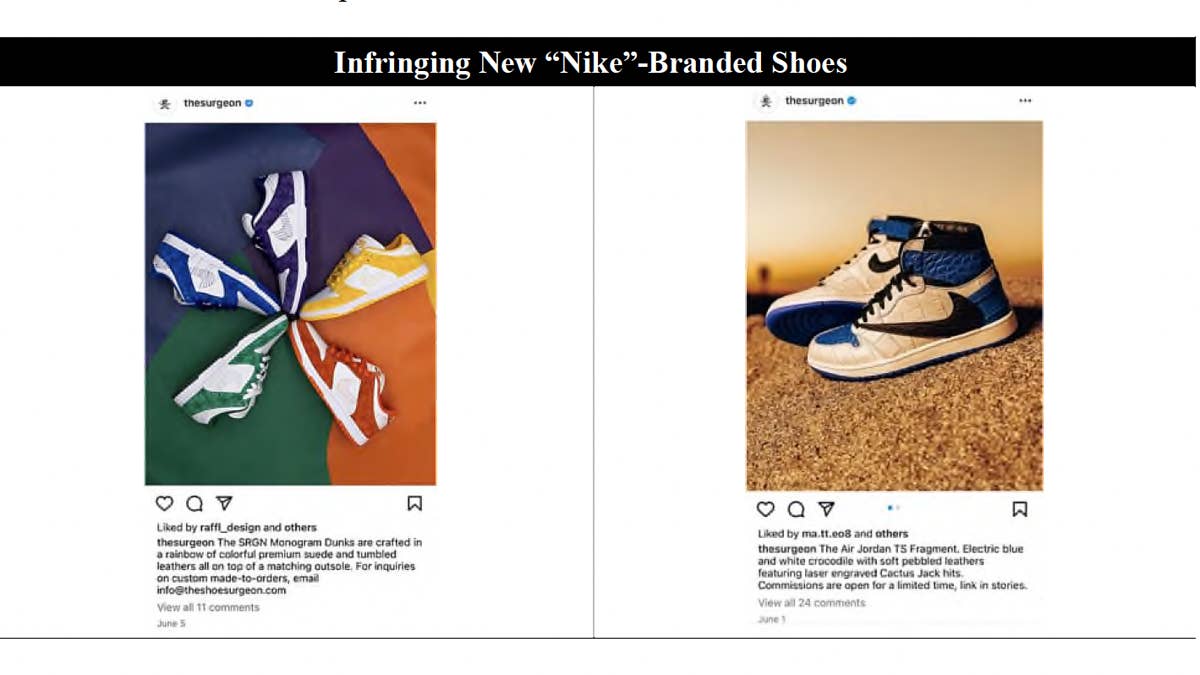 Nike is accusing the customizer of unapproved use of its trademarks and counterfeiting its designs.