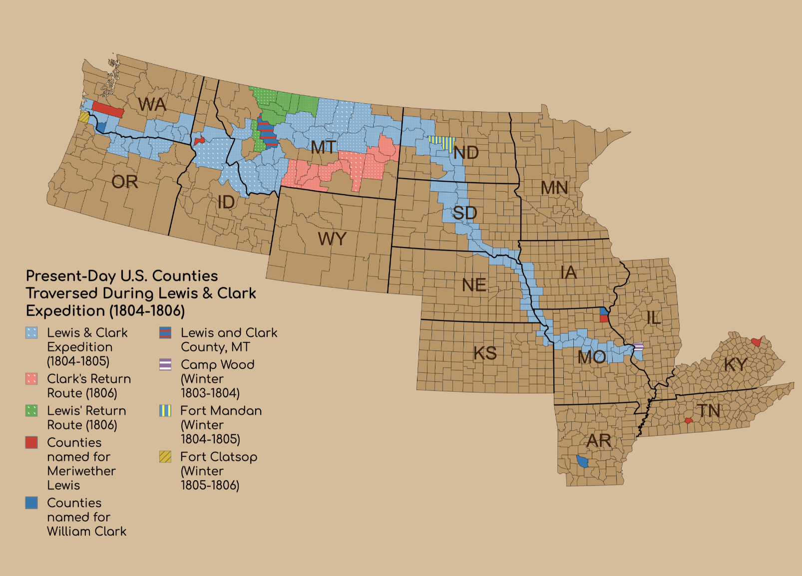 Map detailing the Lewis and Clark Expedition's route (1804-1806) through present-day U.S. counties. Key indicates expedition routes, return routes, and winter locations