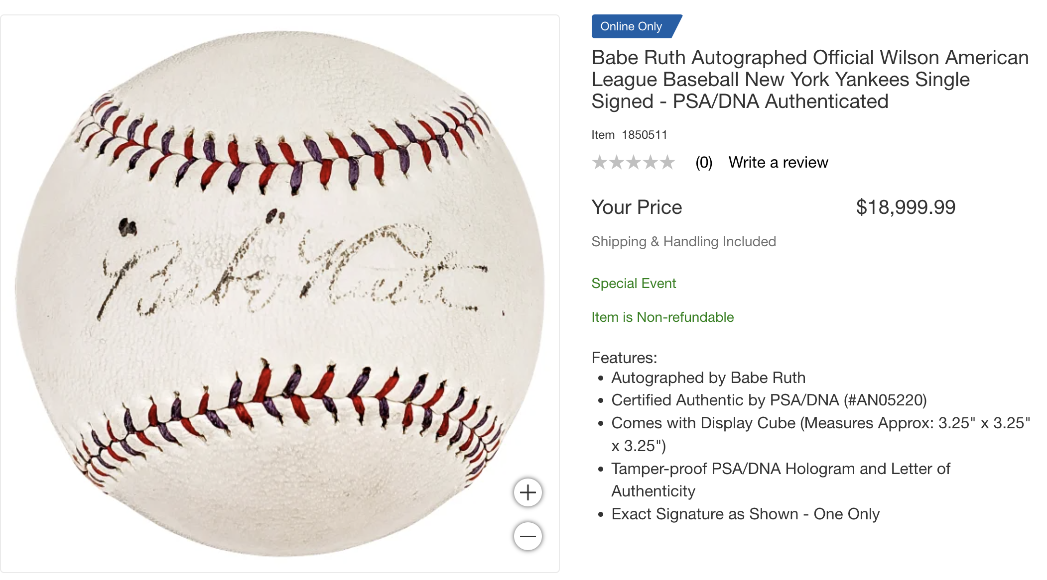 Babe Ruth autographed baseball with certification details, priced at $18,999.99. Includes authentication information and product features