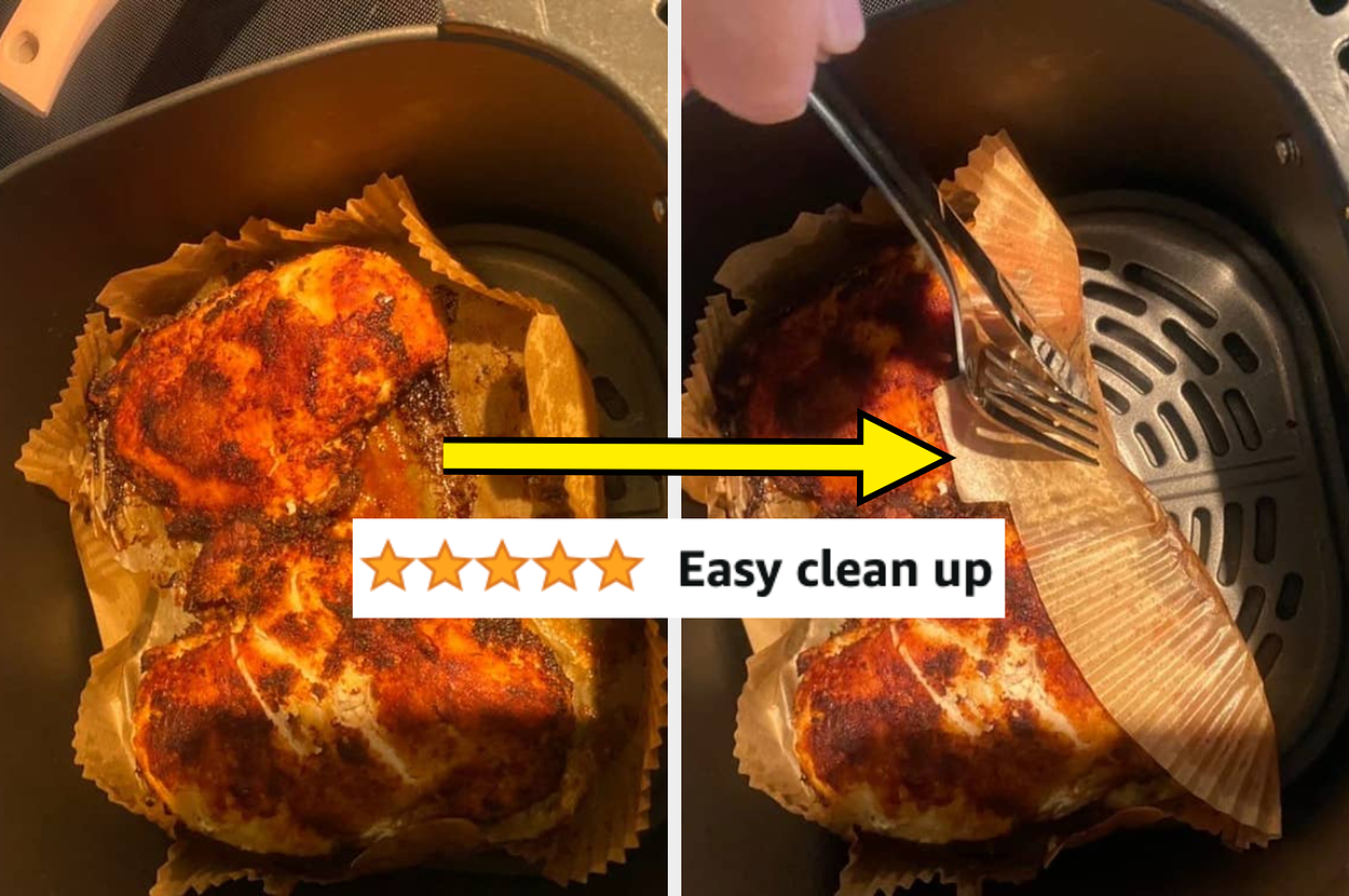 Air fryer with cooked, seasoned chicken on disposable air fryer liner. Text overlay: "★★★★★ Easy clean up" with a yellow arrow pointing from left to right