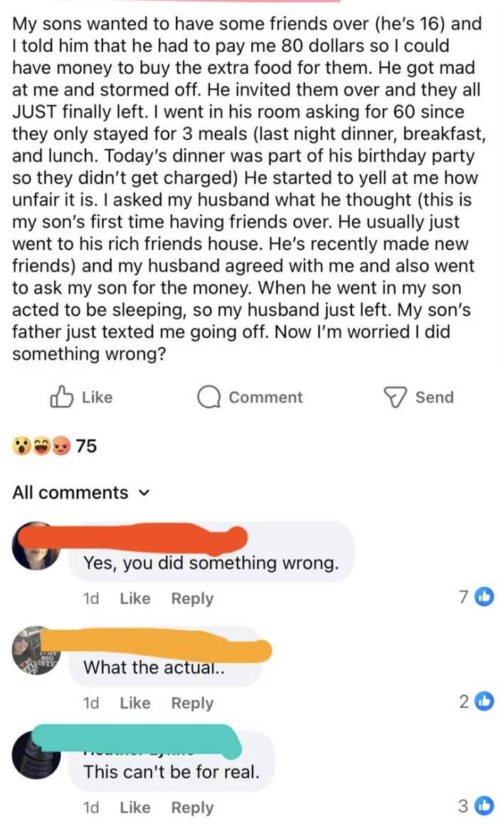 Facebook post by a person discussing their son’s (age 16) request to have friends over for his birthday, but needing extra funds, charging money for meals, and subsequent family tension. Comments express disbelief