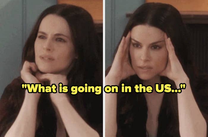 A woman with long dark hair, first looking confused and then holding her head in frustration with the text &quot;What is going on in the US&hellip;&quot; between both images