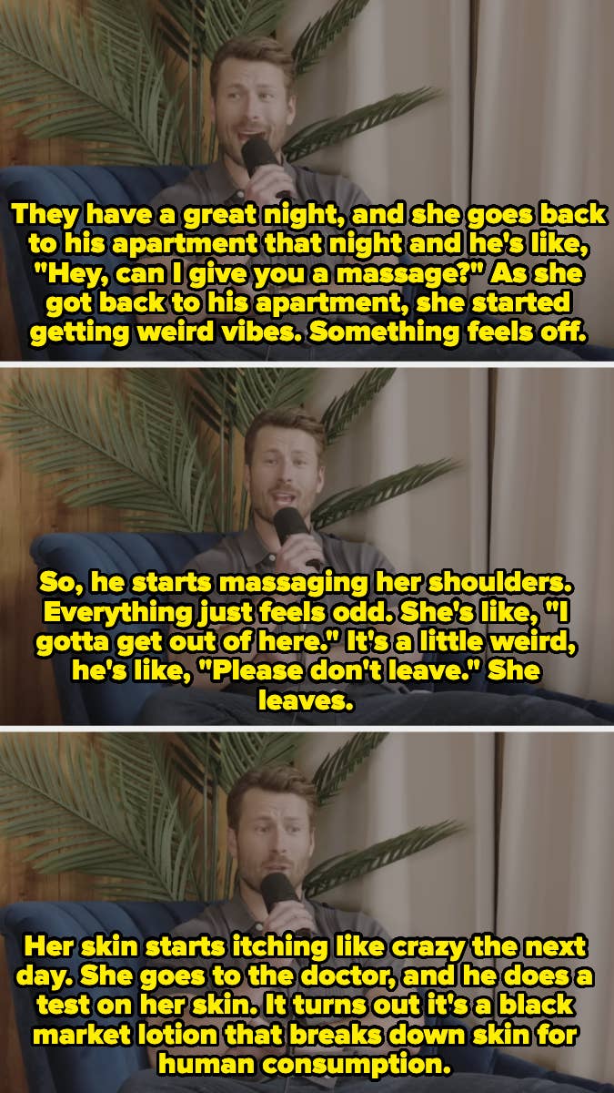 Person telling a story on stage. Text: They have a great night, she goes back to his apartment&hellip; black market lotion that breaks down skin for human consumption