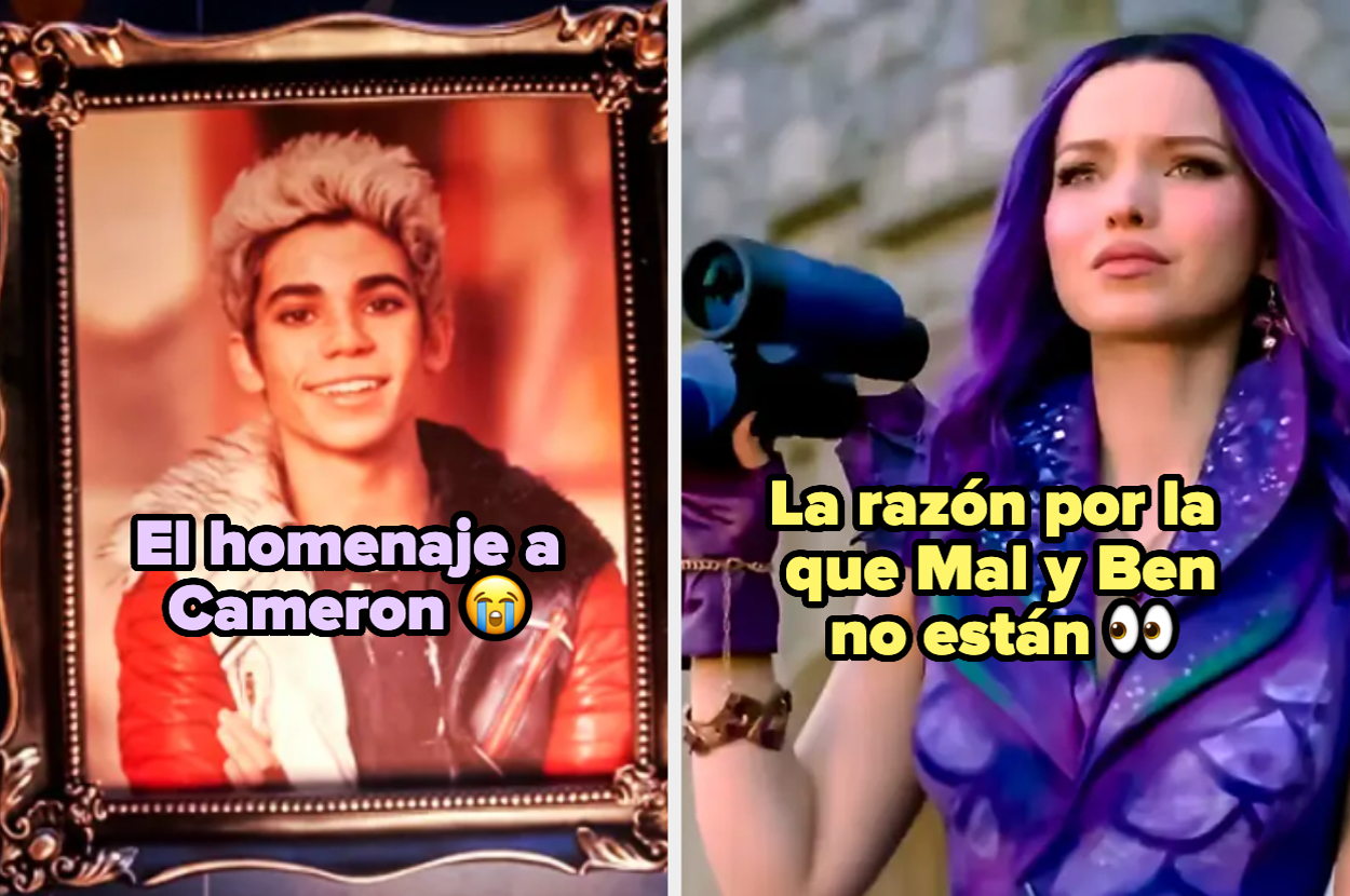 A la izquierda, un retrato de Cameron Boyce con la frase "El homenaje a Cameron". A la derecha, personaje que sostiene binoculares y texto "La razón por la que Mal y Ben no están"