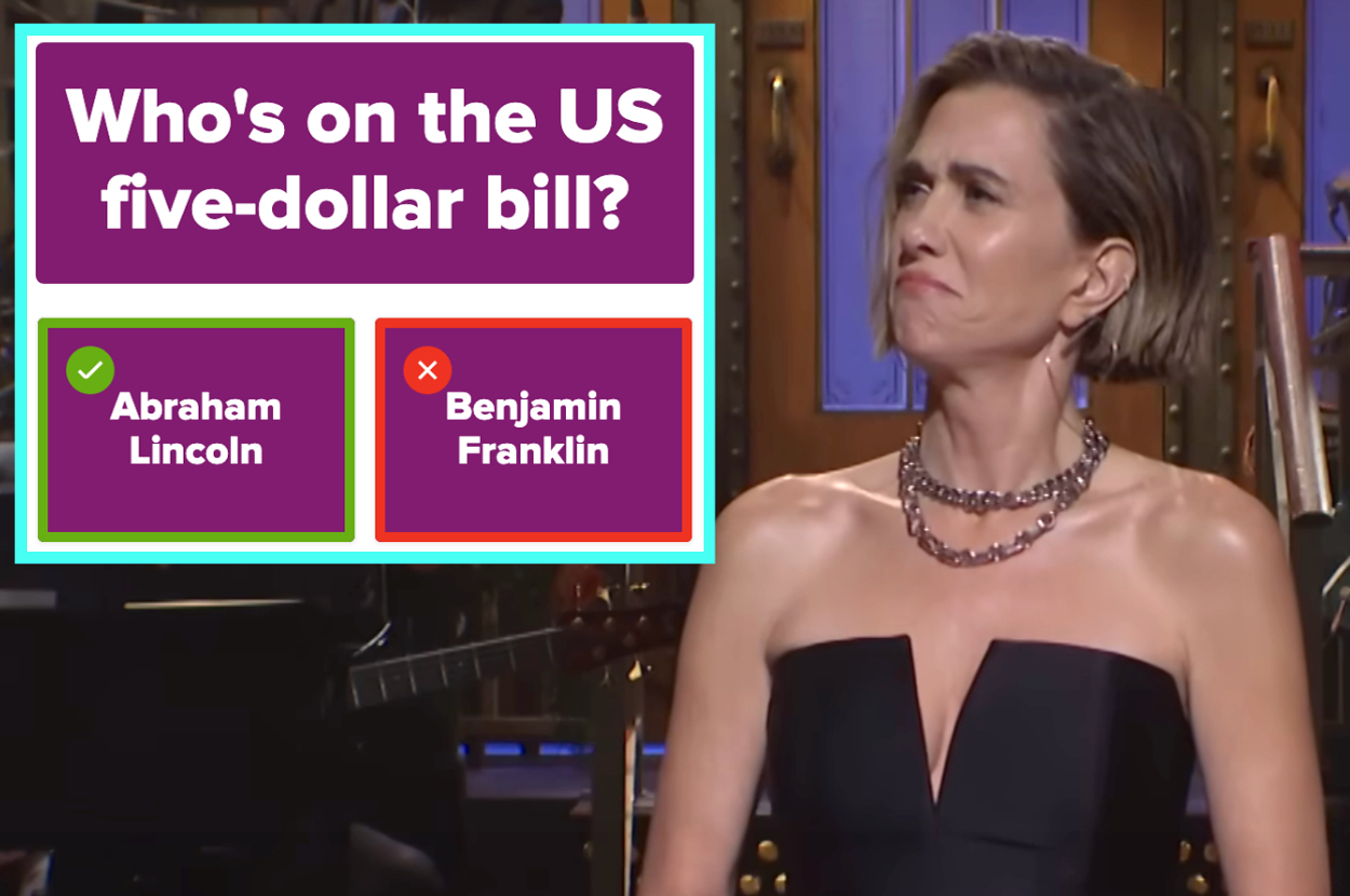 Kristen Wiig contorting her face next to a screenshot of the question who's on the US five dollar bill with Benjamin Franklin incorrectly selected as the answer