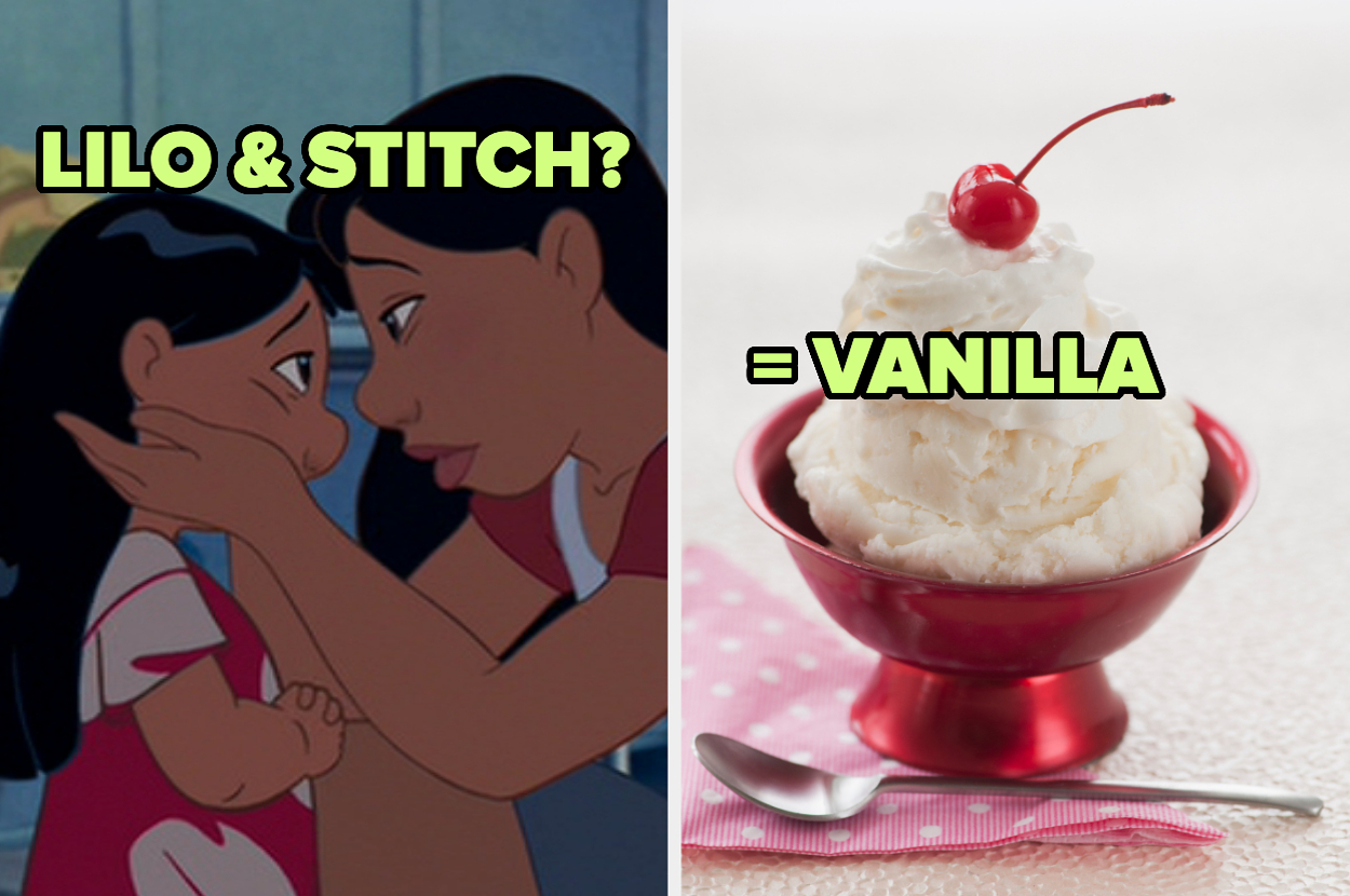 Lilo from Lilo & Stitch is comforted by her sister Nani; next to them, a dish of vanilla ice cream with a cherry on top, implying a resemblance. Text: "Lilo & Stitch? = Vanilla"