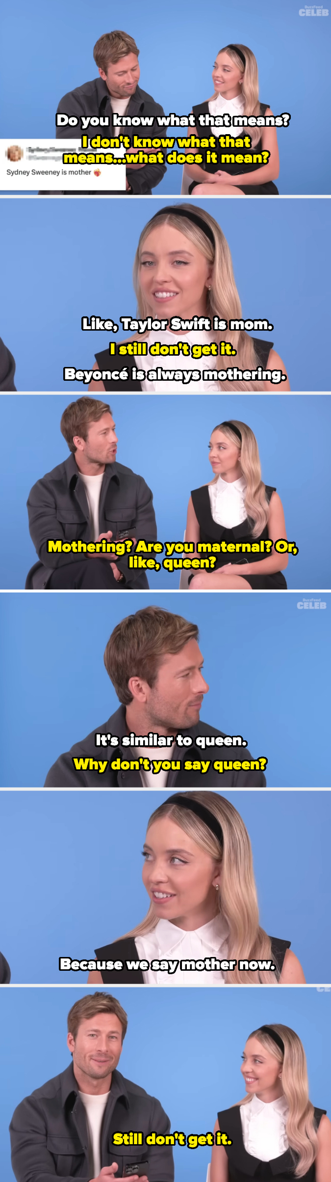 Sydney Sweeney and Glen Powell humorously discuss the term "mothering" in a photo series, with Sydney trying to understand its meaning as Glen explains