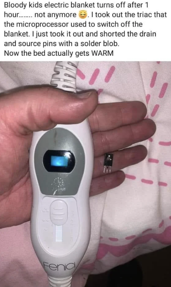 A hand holds a modified electric blanket controller. The text describes a hack to bypass the automatic shut-off timer, allowing continuous use