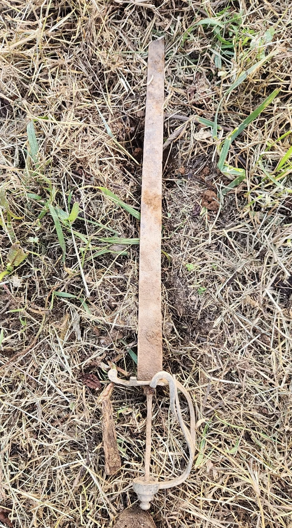 A metal sword with a leather grip lies on dry grass and small plants on the ground