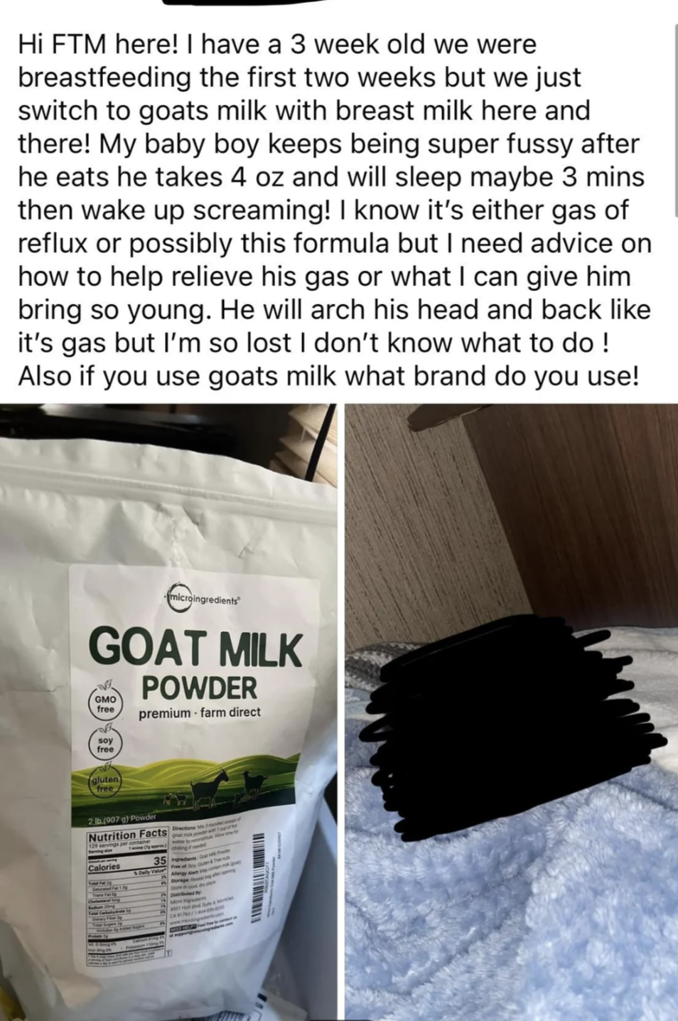 A parent shares on social media their struggles with their 3-week-old baby's fussiness and seeks advice on using goat milk powder for relief and proper brands
