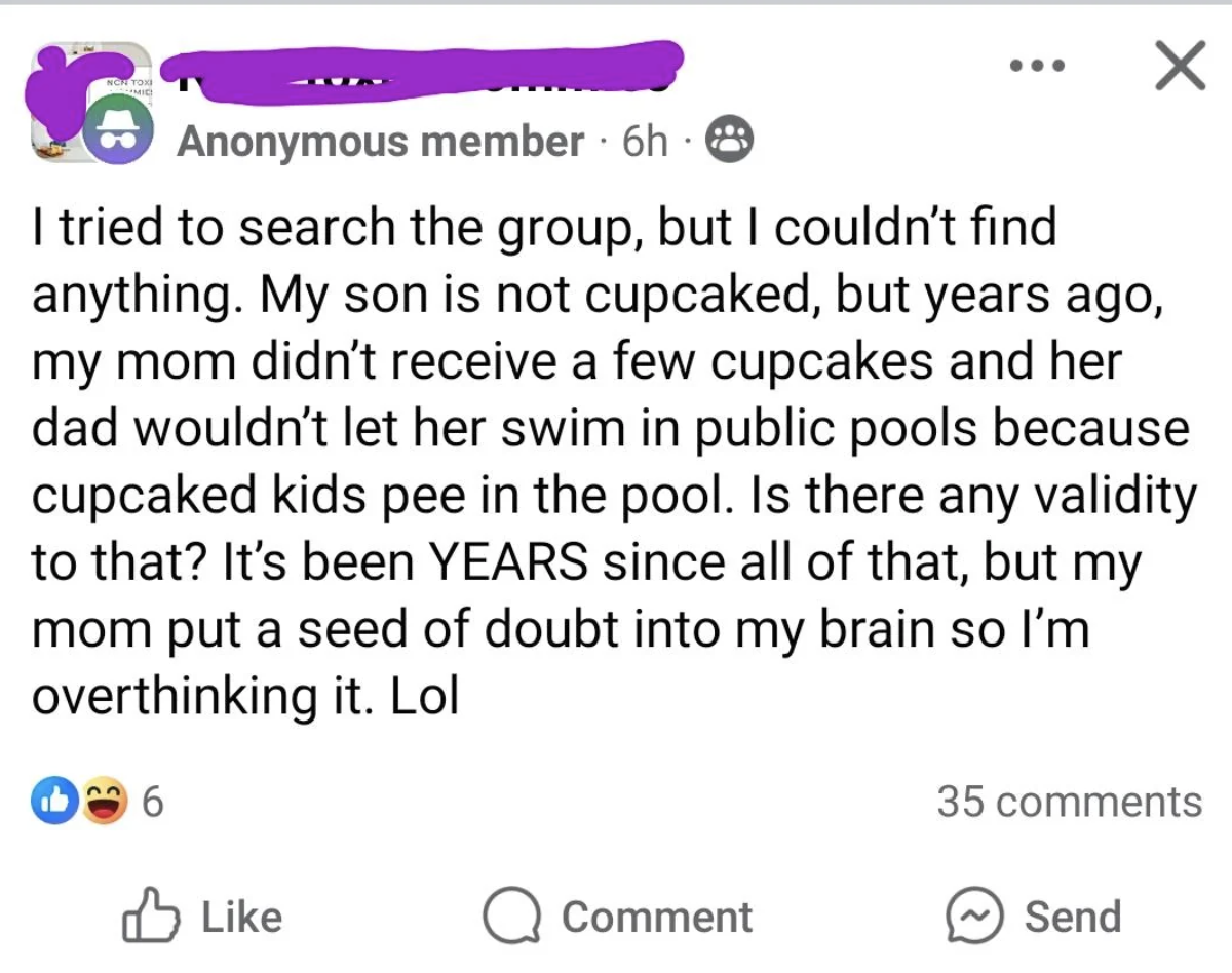 Anonymous member's Facebook post about a son's cupcake allergy allegedly causing pool bans years ago and questioning its validity