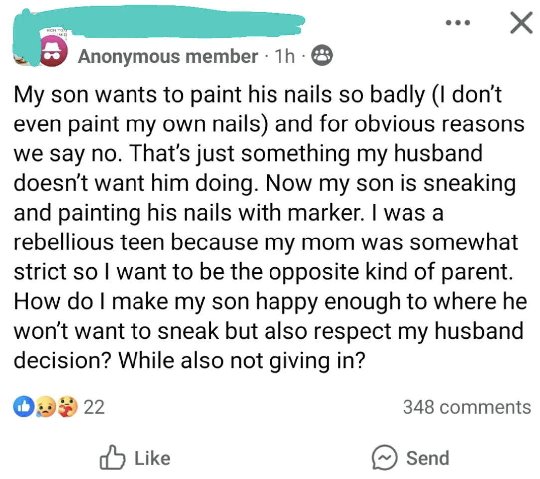 A parent's social media post asking for advice on how to make their son happy with painting his nails while respecting the husband's decision against it.