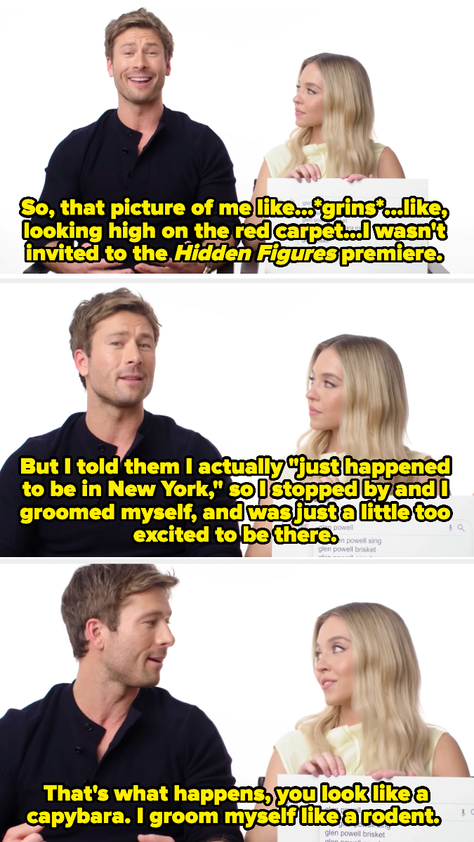 Glen Powell and Sydney Sweeney in an interview. Glen jokes about being mistaken for attending the Hidden Figures premiere and says he grooms himself like a rodent