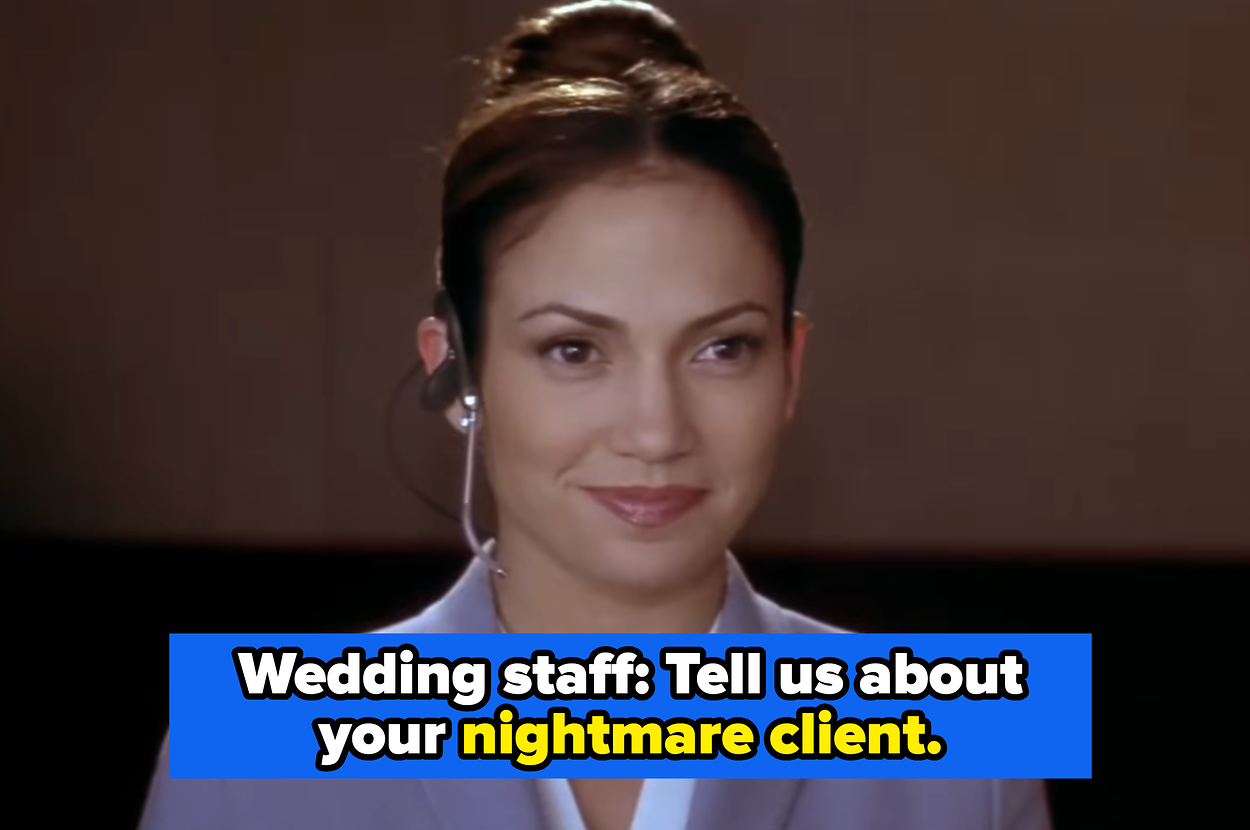 Jennifer Lopez wearing a headset, smiling. Text overlay says, "Wedding staff: Tell us about your nightmare client."