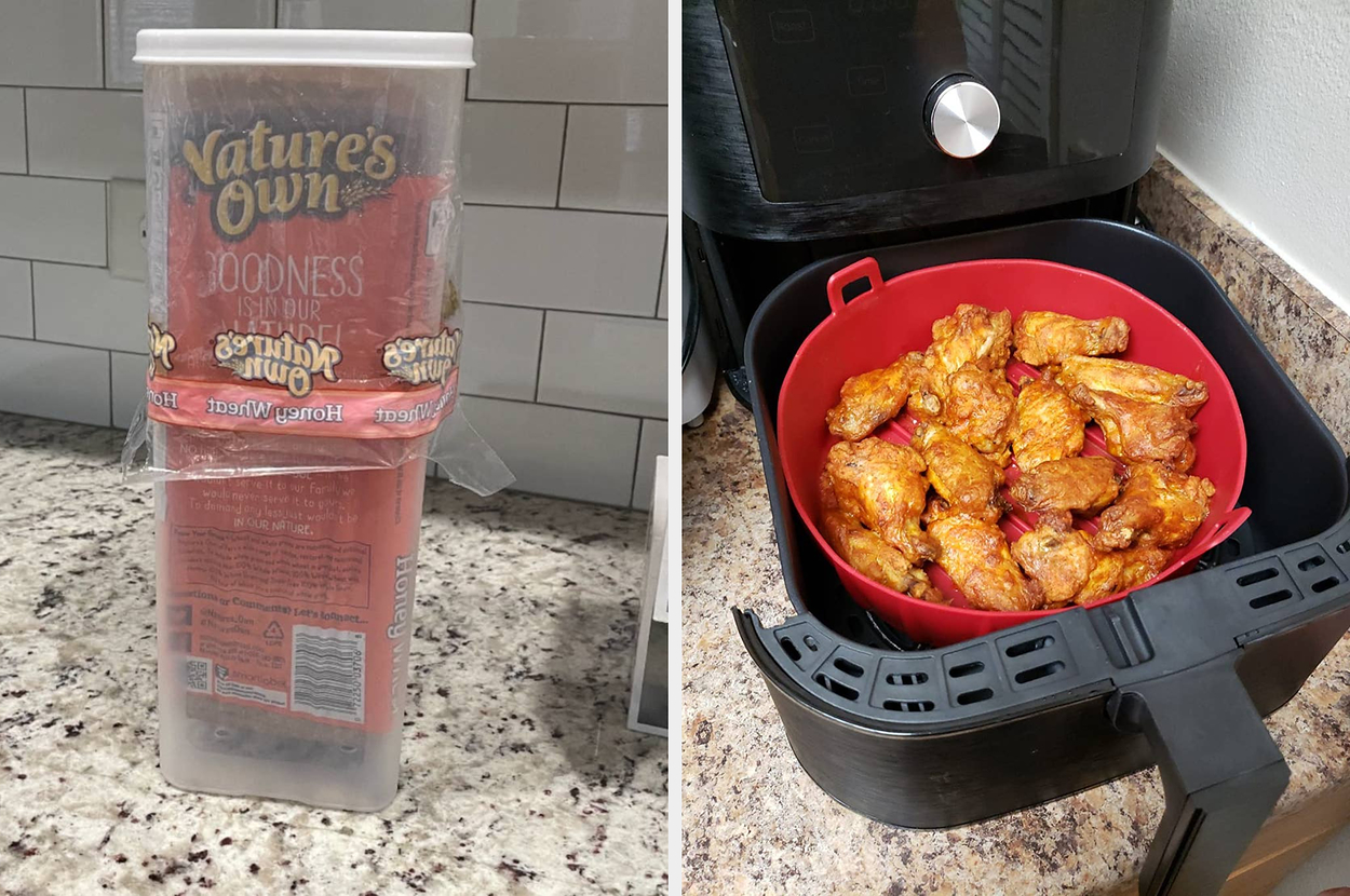 Two images: left, a pack of Nature's Own bread in a storage container; right, spicy chicken wings in a reusable air fryer basket