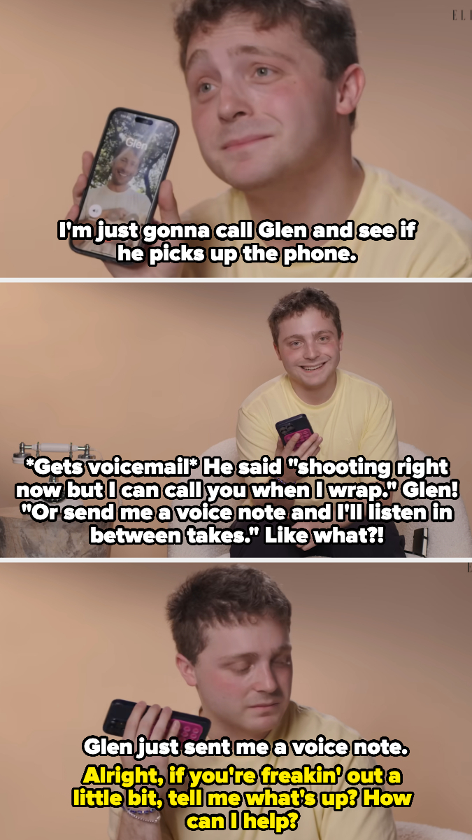 A man talks on the phone in three different frames. In the first frame, he mentions calling Glen. The last frame captures Glen sending a voice note