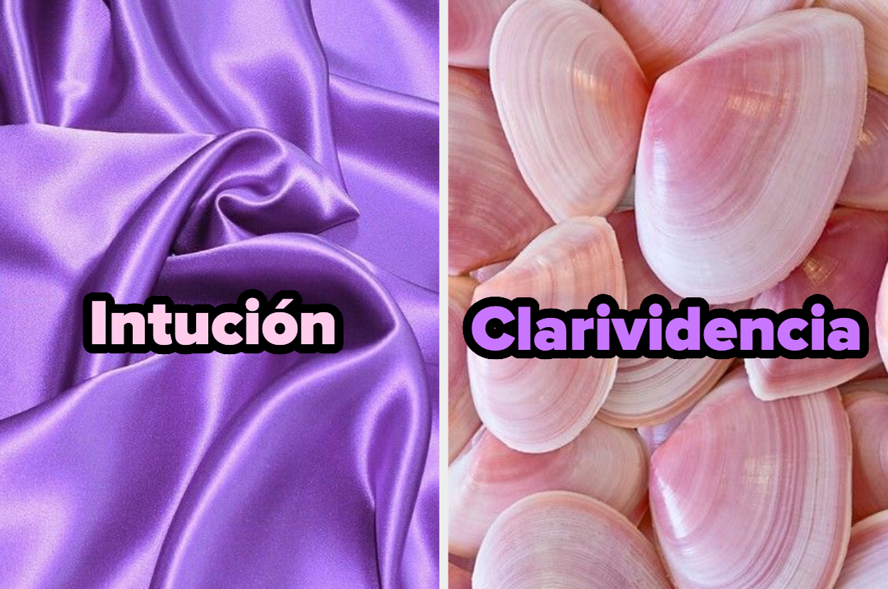 A la izquierda, tela de satén con la palabra "Intuición". A la derecha, conchas con la palabra "Clarividencia"