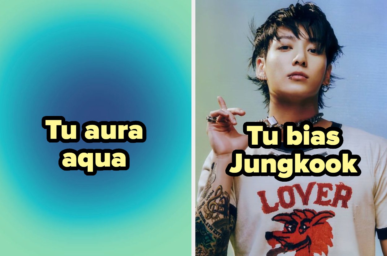 Montaje de dos imágenes: a la izquierda, texto "Tu aura aqua" sobre un fondo degradado; a la derecha, Jungkook, integrante de BTS, con una camiseta de estilo casual