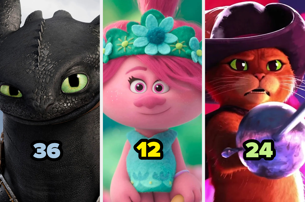 A la izquierda, Desdentao con el número 36. En el centro, Poppy de Trolls con el número 12. A la derecha, el Gato con Botas con el número 24