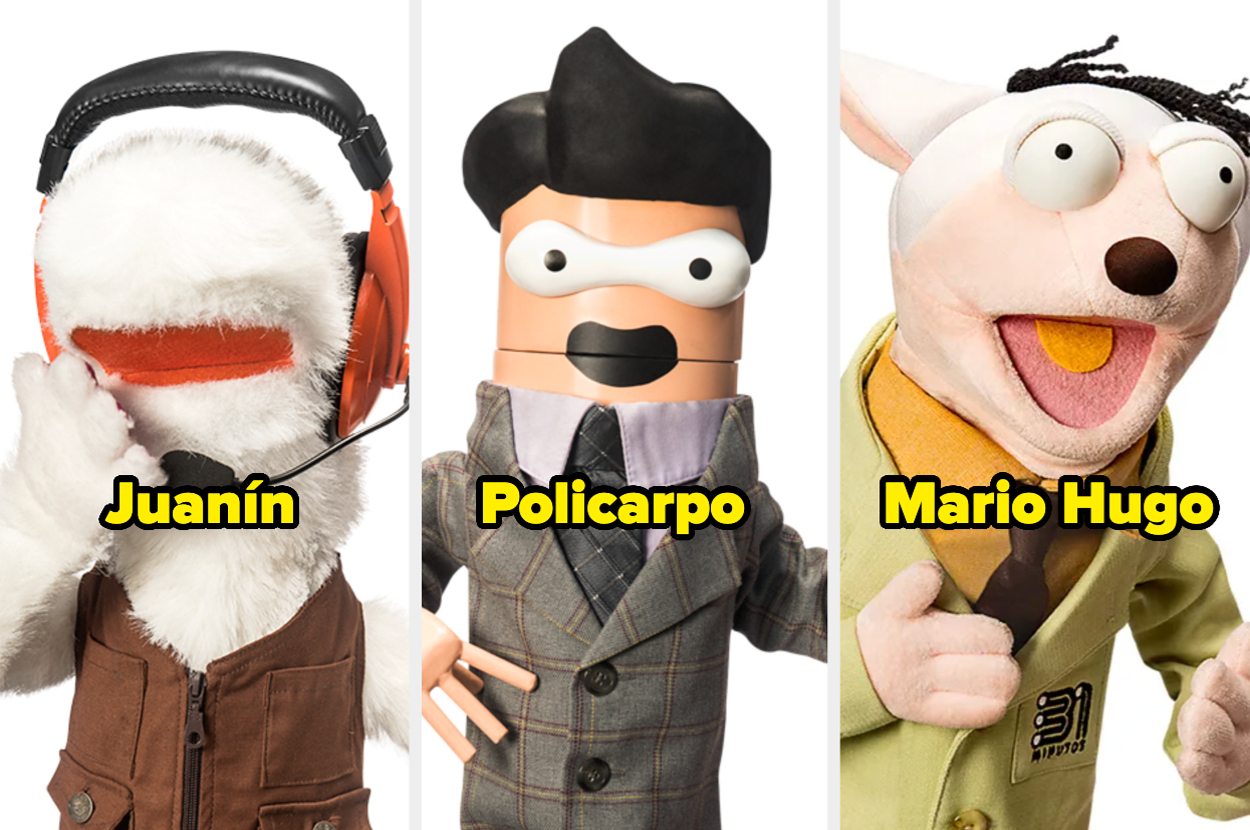 Juanín, Policarpo y Mario Hugo, personajes de marionetas, todos vestidos con atuendos distintivos