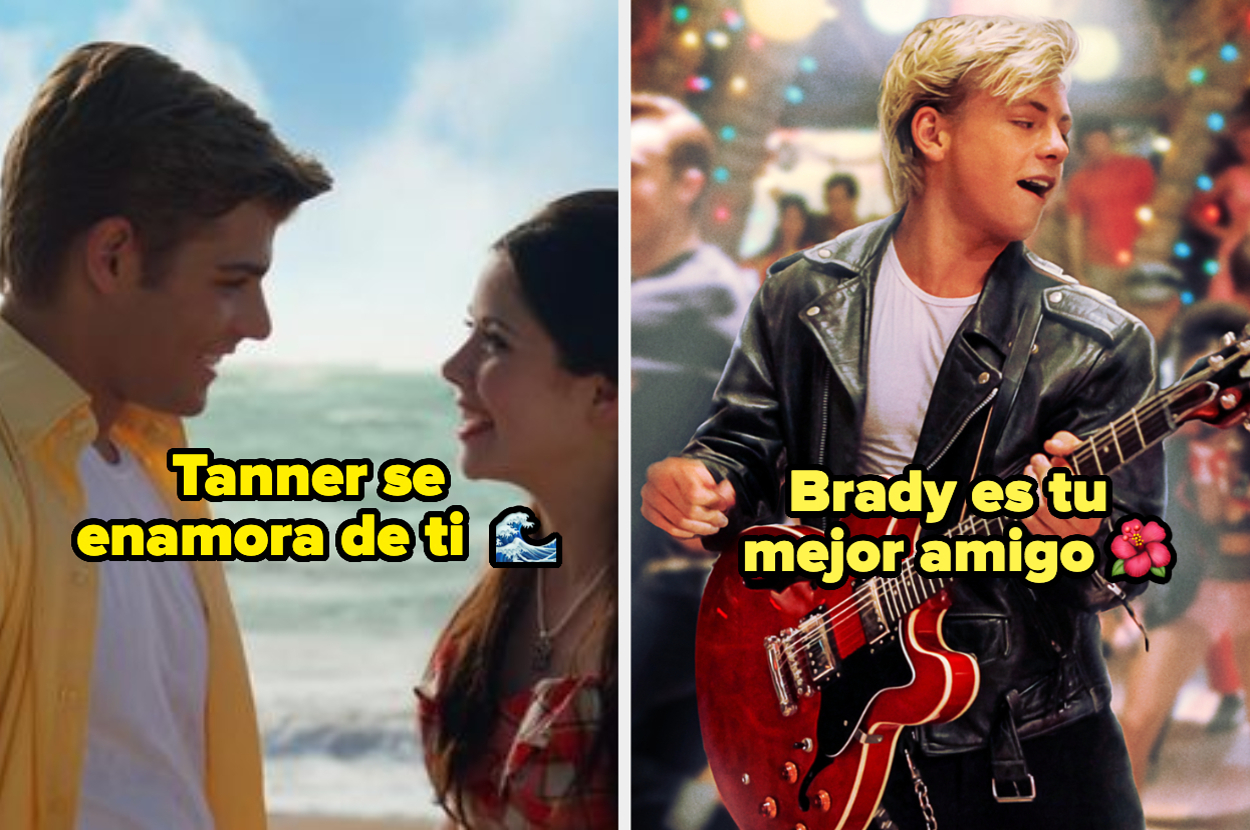 A la izquierda, Tanner y Mack se miran sonriendo. A la derecha, Brady toca una guitarra eléctrica, sonriendo y vestido con chaqueta de cuero