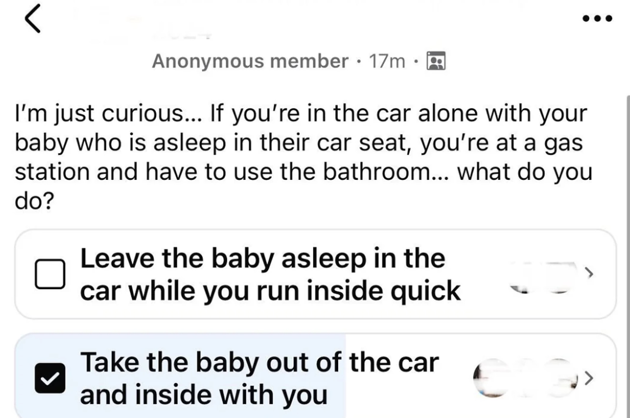Question from an anonymous member: What do you do if you're alone with your sleeping baby at a gas station and need to use the bathroom? Options: Leave baby in car, Take baby with you, added comment: Never leave baby alone in car