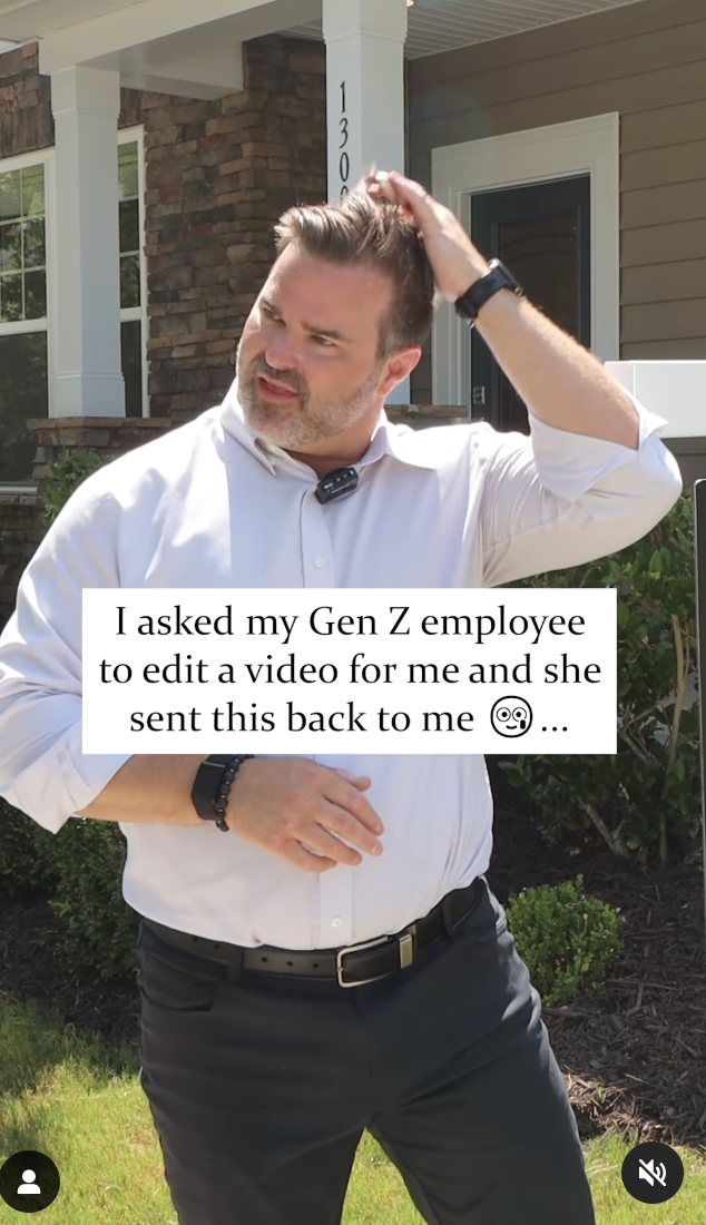 Mike fixing his hair while standing outside a house, with text overlay: "I asked my Gen Z employee to edit a video for me and she sent this back to me ?…"