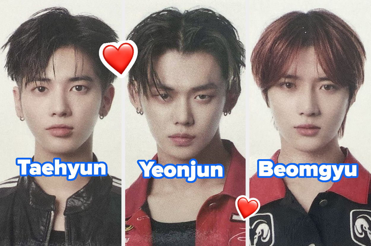 Taehyun, Yeonjun y Beomgyu, miembros de TXT, posan con expresiones serias en retratos individuales. Texto sobre nombres y corazones decorativos en la imagen