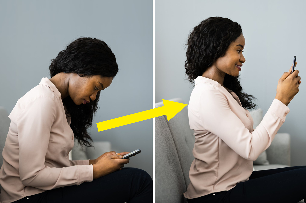 Left: Woman with dark hair slouches while looking at phone. Right: Same woman sits upright and holds phone at eye level, displaying better posture