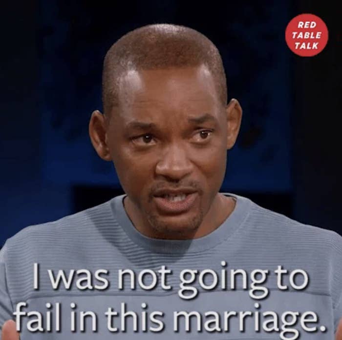 Will Smith speaking seriously. Overlaid text reads, I was not going to fail in this marriage