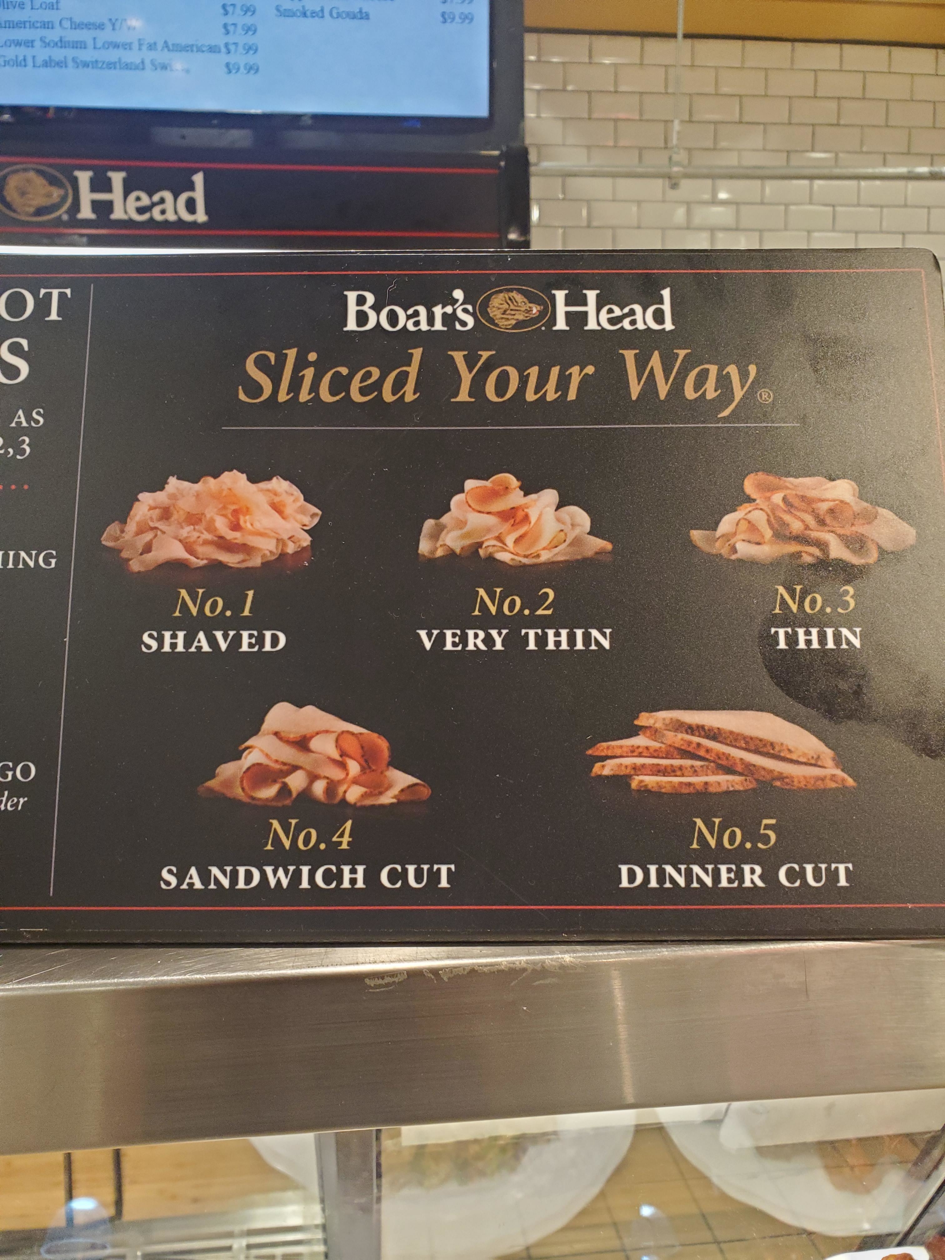 Boar's Head deli counter sign showing five meat slice options: No. 1 Shaved, No. 2 Very Thin, No. 3 Thin, No. 4 Sandwich Cut, No. 5 Dinner Cut