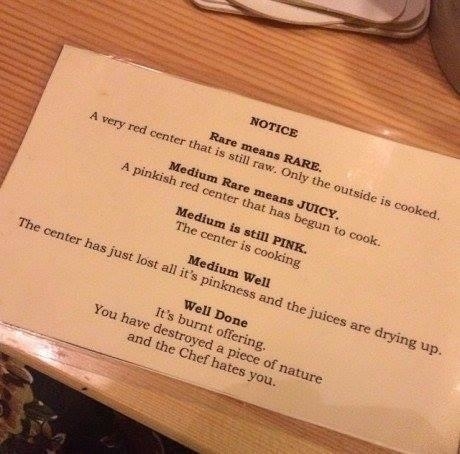Sign listing steak doneness descriptions: Rare, Medium Rare, Medium, Medium Well, Well Done, with humorous notes on cooking levels