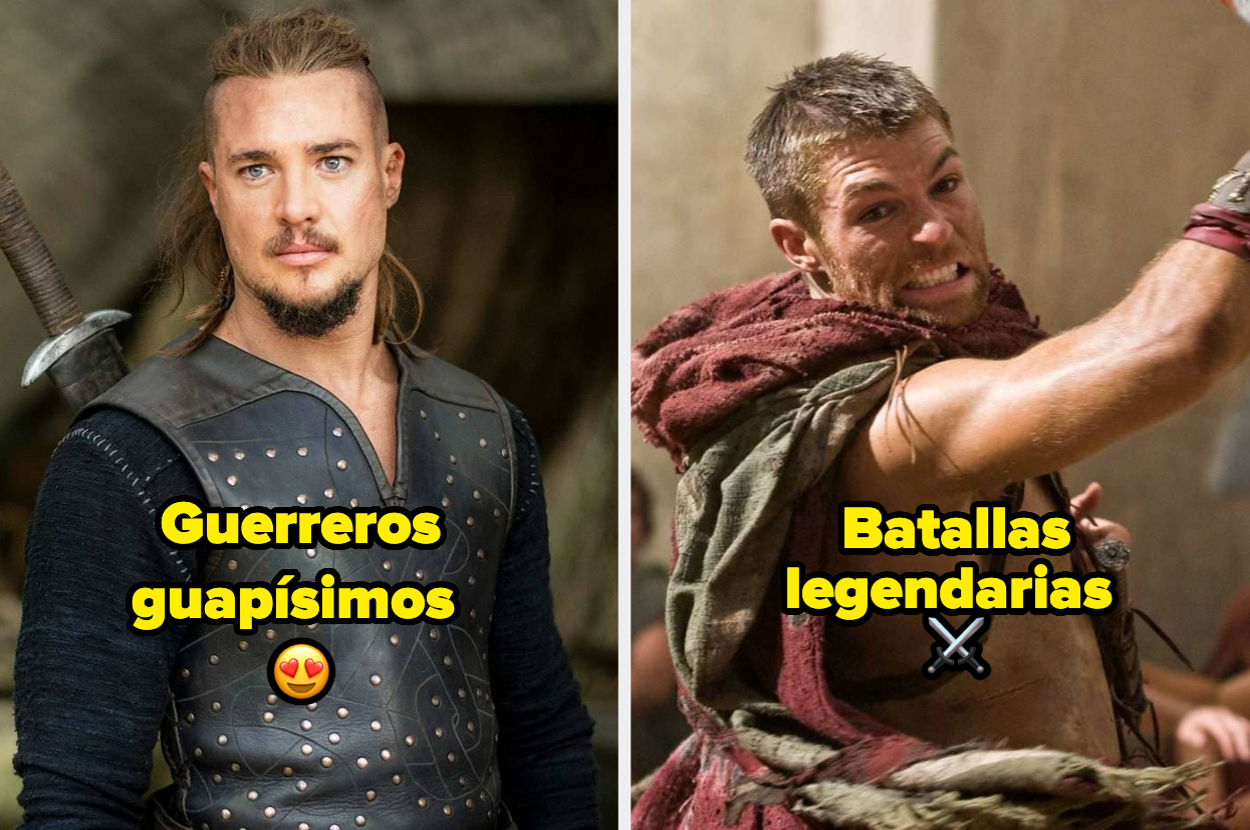 Alexander Dreymon a la izquierda y Liam McIntyre a la derecha como guerreros en escena, con los textos "Guerreros guapísimos" y "Batallas legendarias" respectivamente