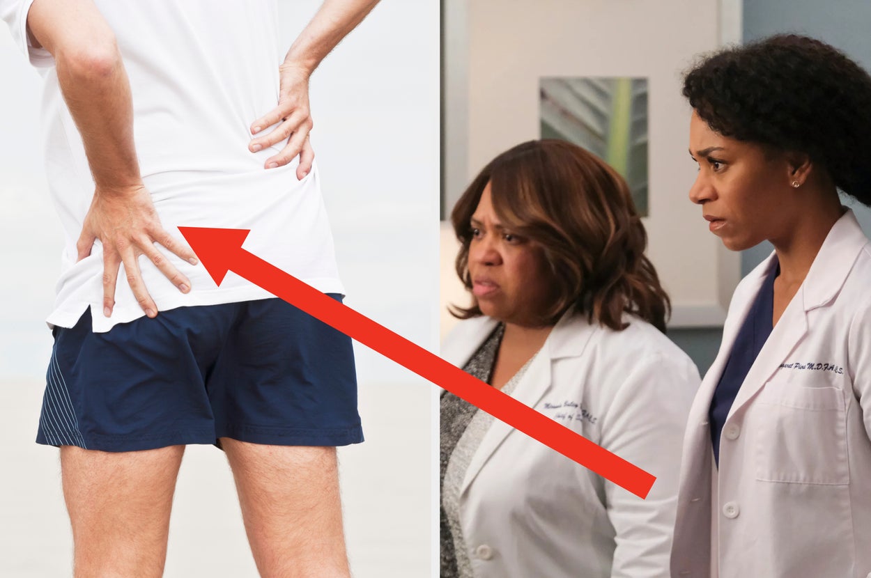 A man in athletic shorts is shown holding his lower back. The image is juxtaposed with Chandra Wilson and Kelly McCreary in doctor outfits, appearing concerned