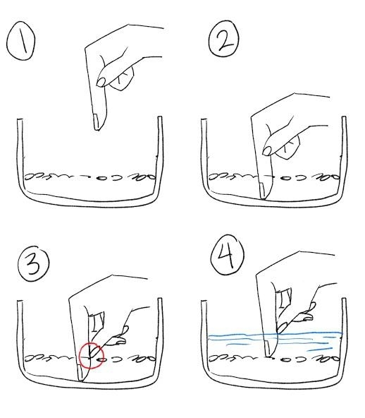 Step-by-step finger motion drawing demonstrating hydration testing method in a bowl of water