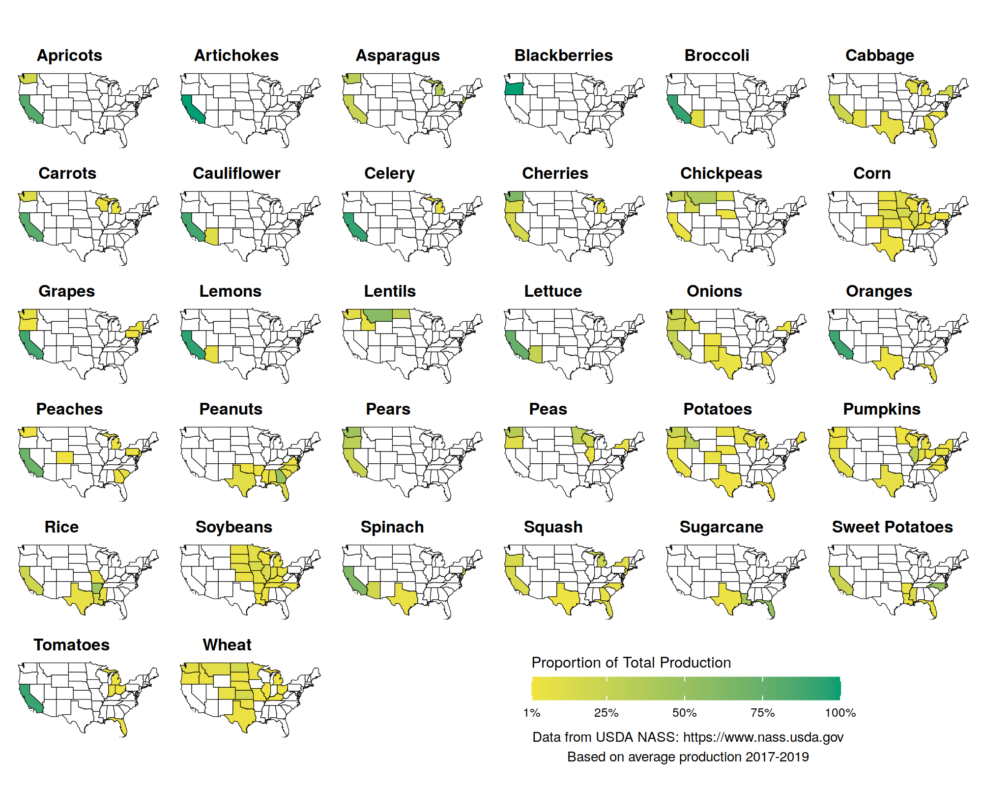 Map of the U.S. showing the proportion of total production for various crops by state, based on USDA NASS data from 2017-2019