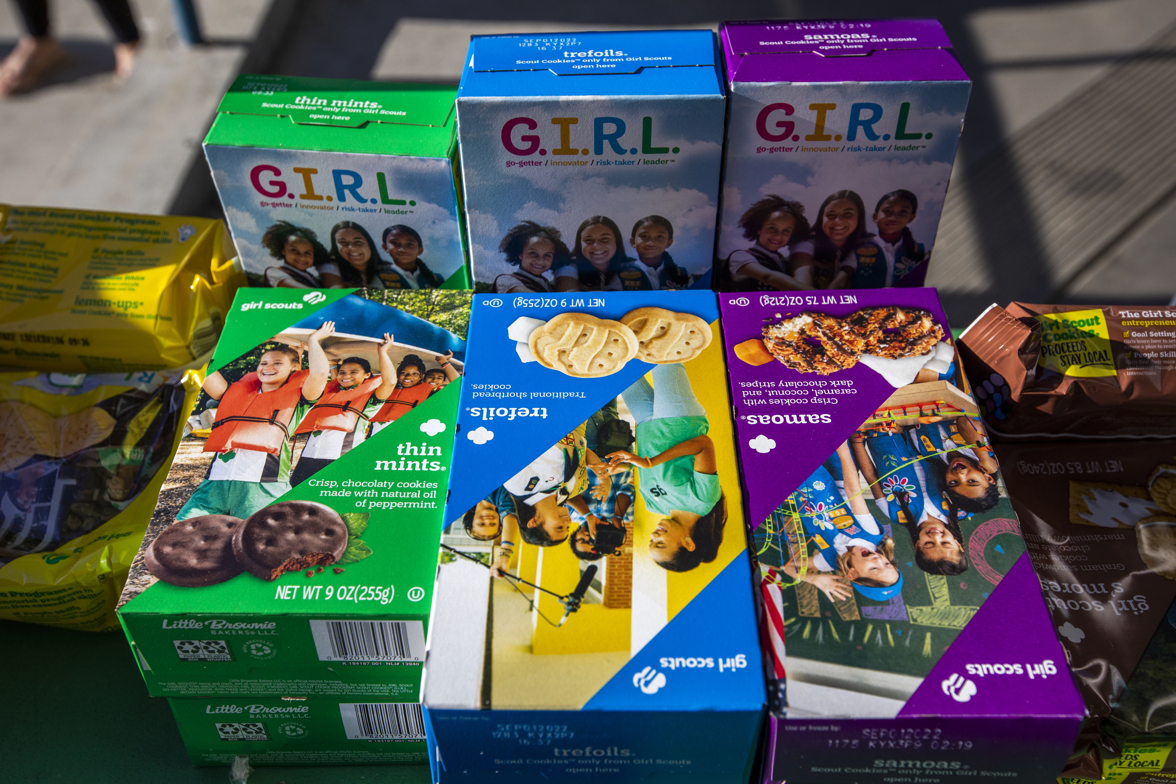 Boxes of Girl Scout cookies including Thin Mints, Trefoils, and Samoas are displayed flat on a table