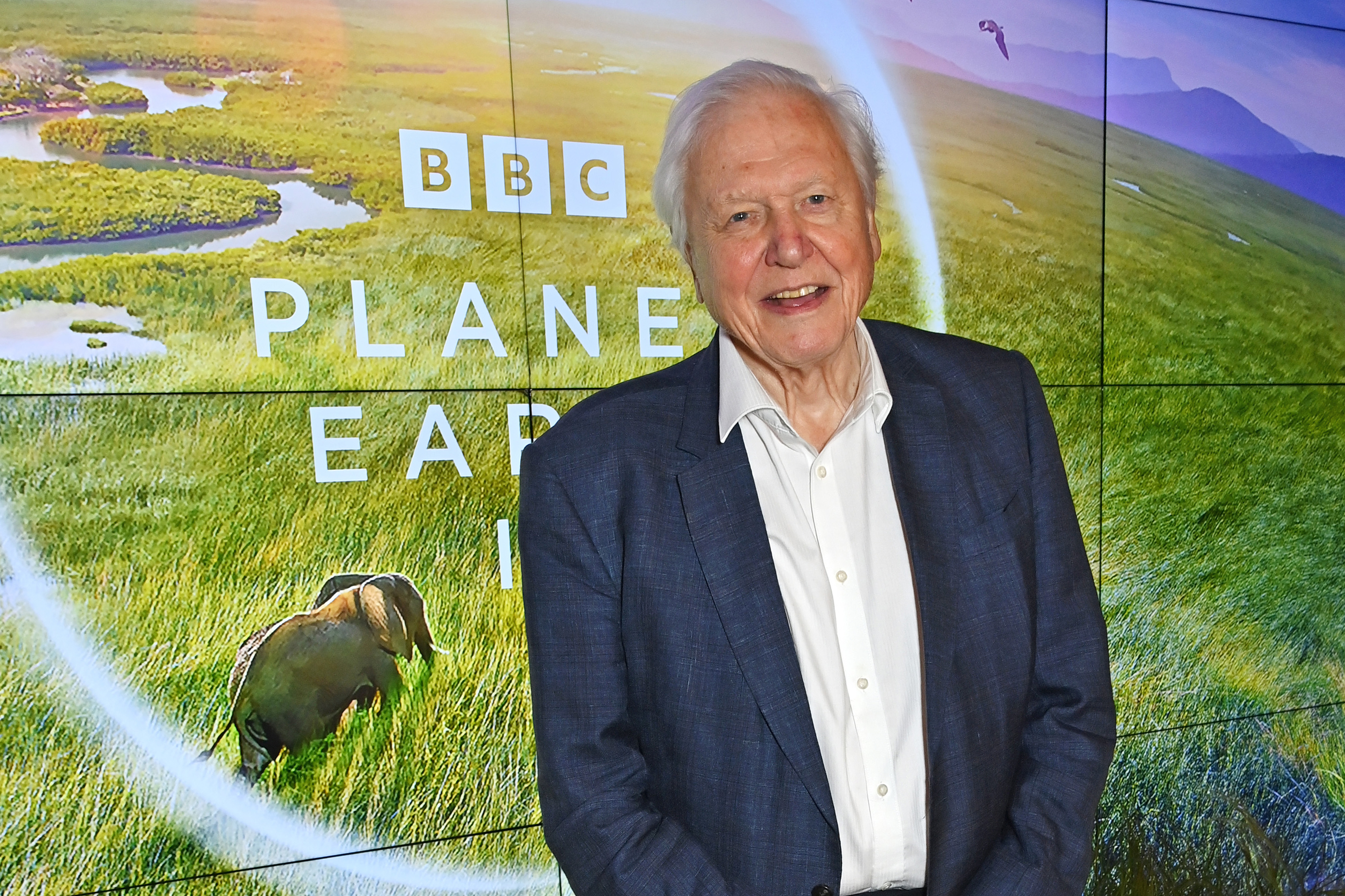 David Attenborough at the "Planet Earth II" BBC event, standing in front of a screen displaying nature imagery and the show's title