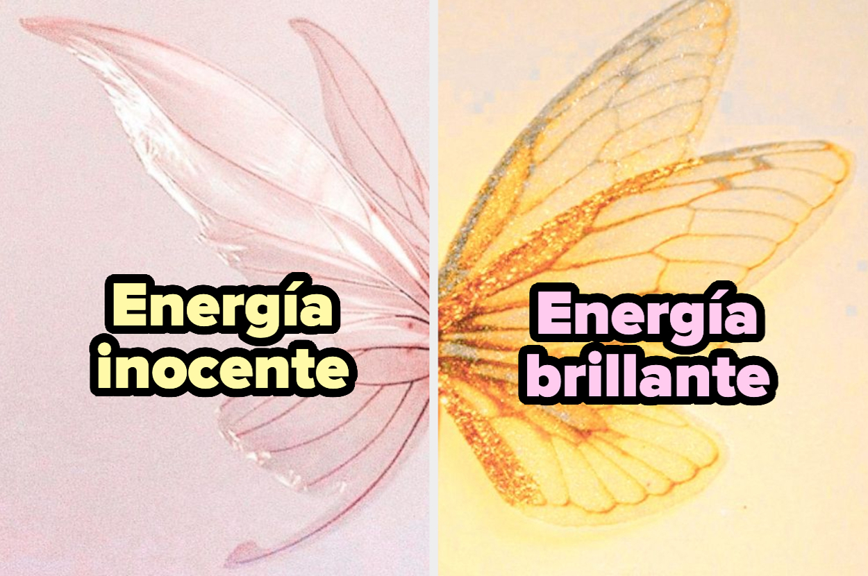 A la izquierda, un ala de hada con el texto "Energía inocente". A la derecha, un ala de hada con el texto "Energía brillante"