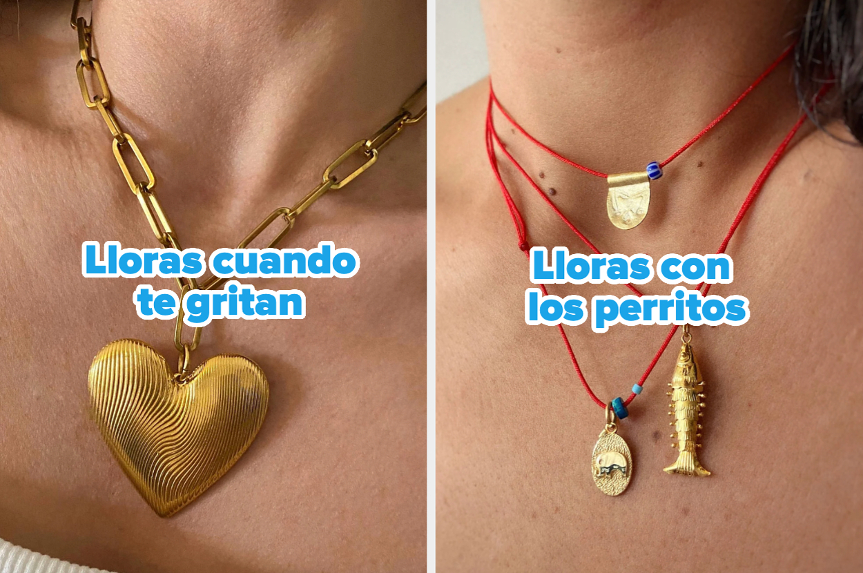 Collares dorados sobre cuellos femeninos con textos: "Lloras cuando te gritan" en el primero y "Lloras con los perritos" en el segundo