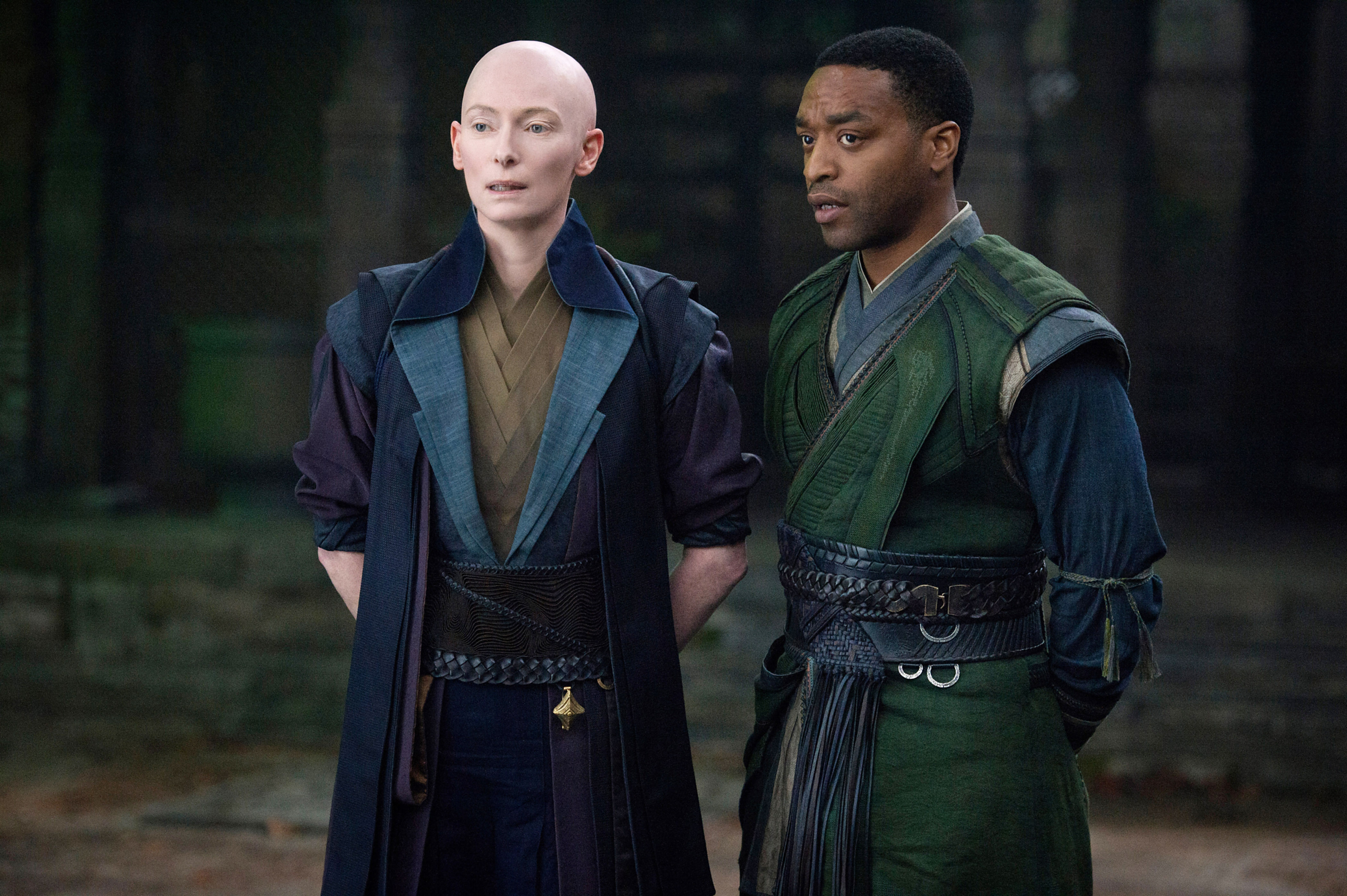 Tilda Swinton, as The Ancient One, Chiwetel Ejiofor, as Mordo in a scene from "Doctor Strange"