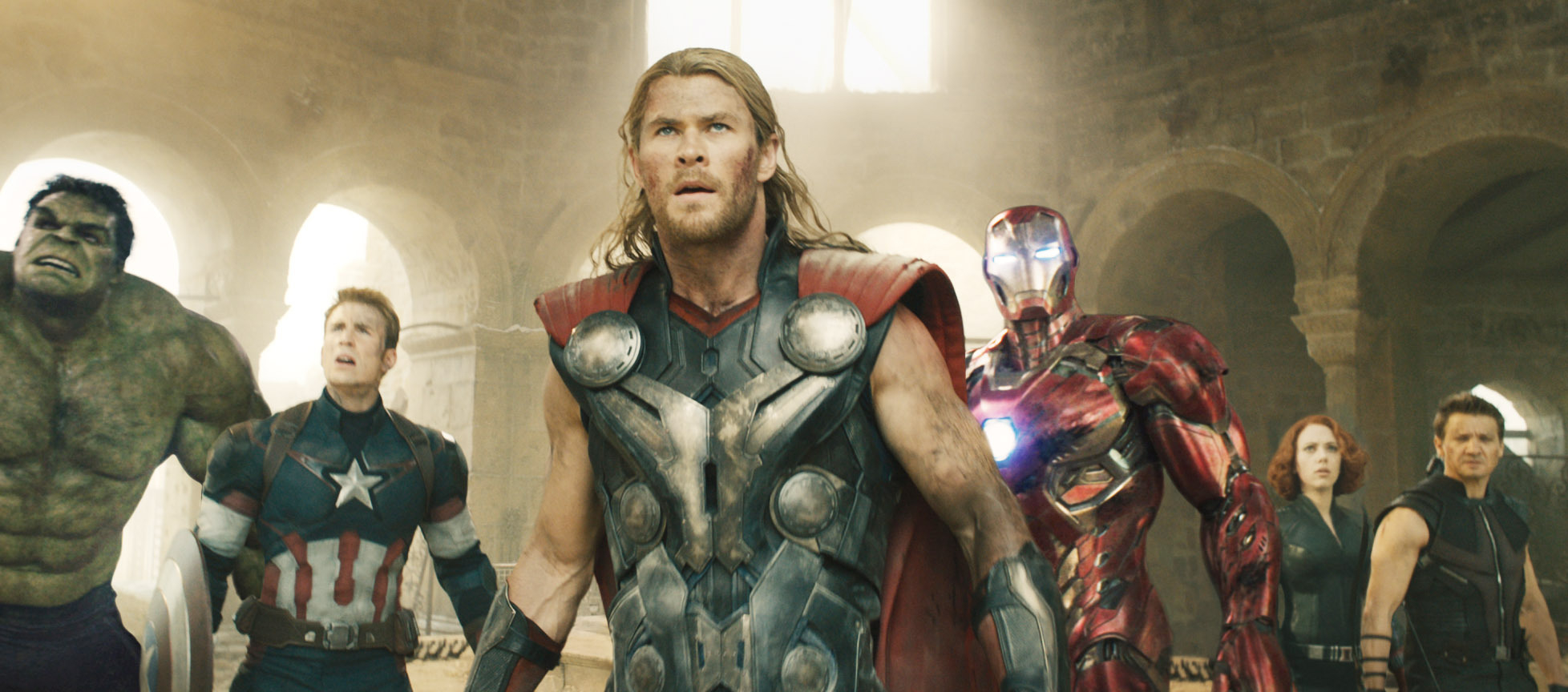 Incredible Hulk, Chris Evans, Chris Hemsworth, Iron Man, Scarlett Johansson, and Jeremy Renner standing together in a scene from "Avengers: Age of Ultron"