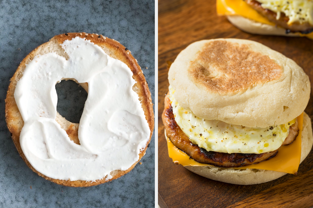 On the left, a bagel with cream cheese, and on the right, an egg, sausage, and cheese sandwich on an English muffin