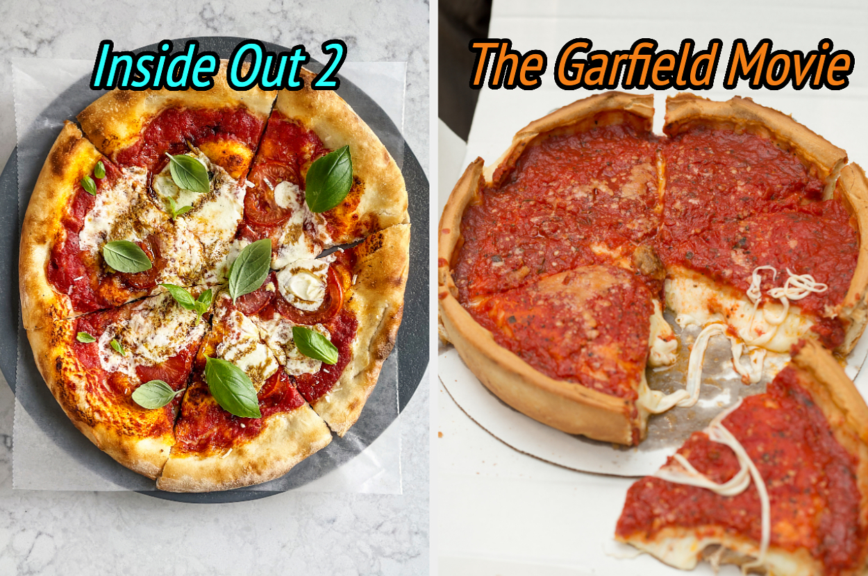 On the left, a Margherita pizza labeled Inside Out 2, and on the right, a deep dish pizza labeled The Garfield Movie
