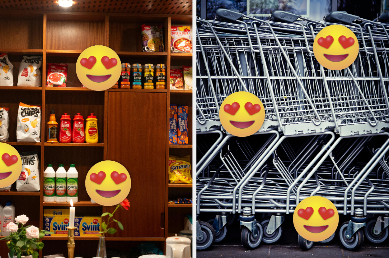 Images show food pantry shelves and a stack of shopping carts, each overlaid with heart-eyed emoji faces