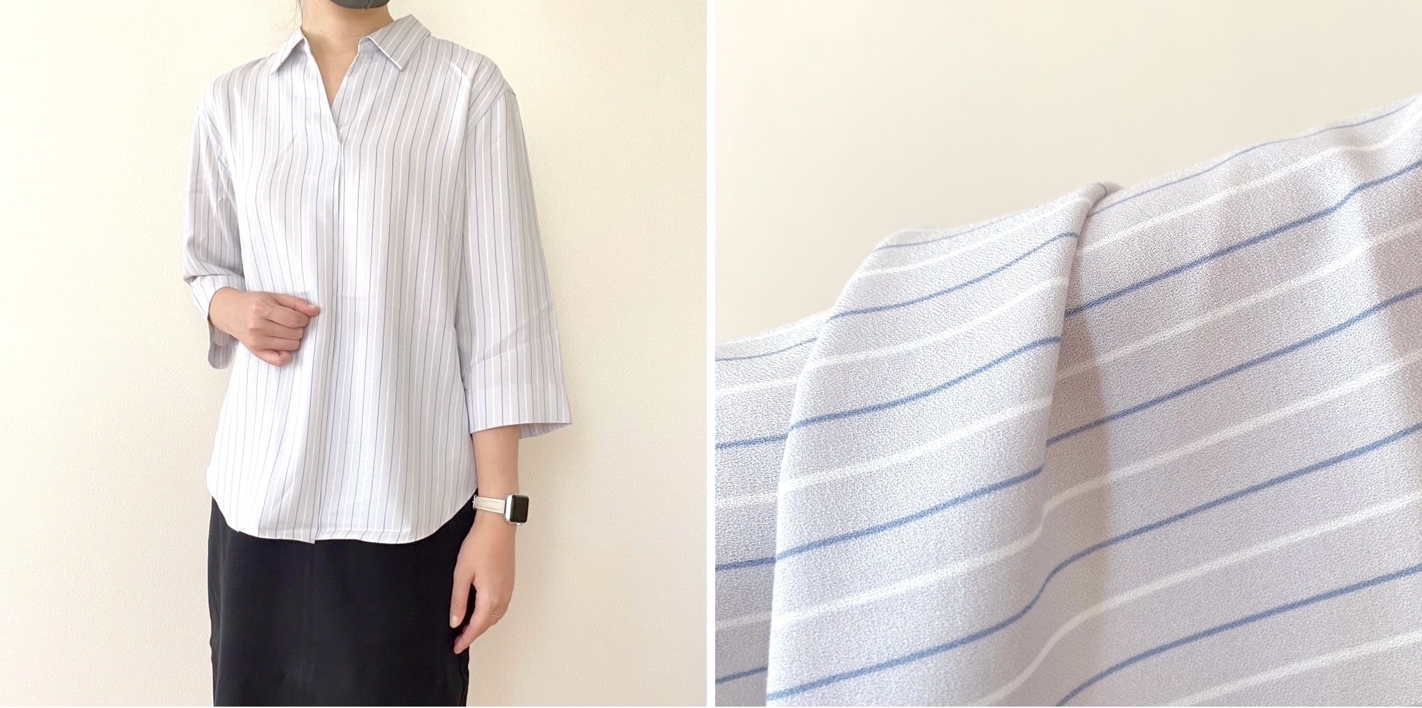 ユニクロのオススメのブラウス「レーヨンスキッパーブラウス/ストライプ/7分袖」