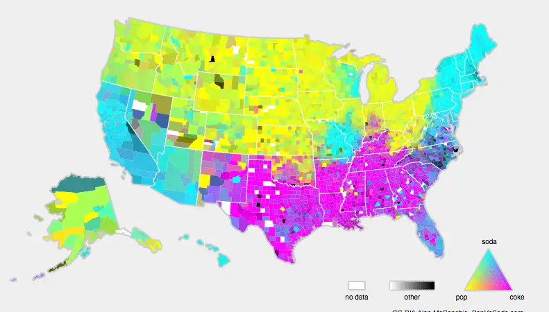 U.S. map showing regional preferences for the terms "soda," "pop," and "coke" using different colors to indicate the predominant term in each area