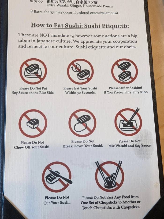 Guide on how to eat sushi, listing do's and don'ts with illustrations: no soy sauce on rice, eat in one bite, use wasabi sparingly, don't cut or pass sushi with chopsticks